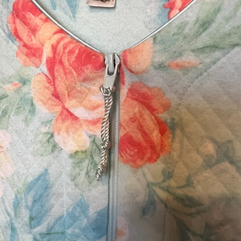 Miss Elaine Quilted Housecoat Small Zip Robe Floral Blue Pink Grannycore Cottage - Picture 5 of 10